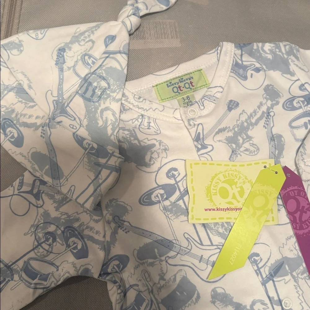 NWT Qt-Qt by Kissy Kissy Rock n Roll Print Playsuit & Hat Blue & White Size 3-6